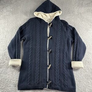 L.L Bean Wool Blend Cardigan Sweater Womens Large‎ Blue Sherpa Lined Cable Knit
